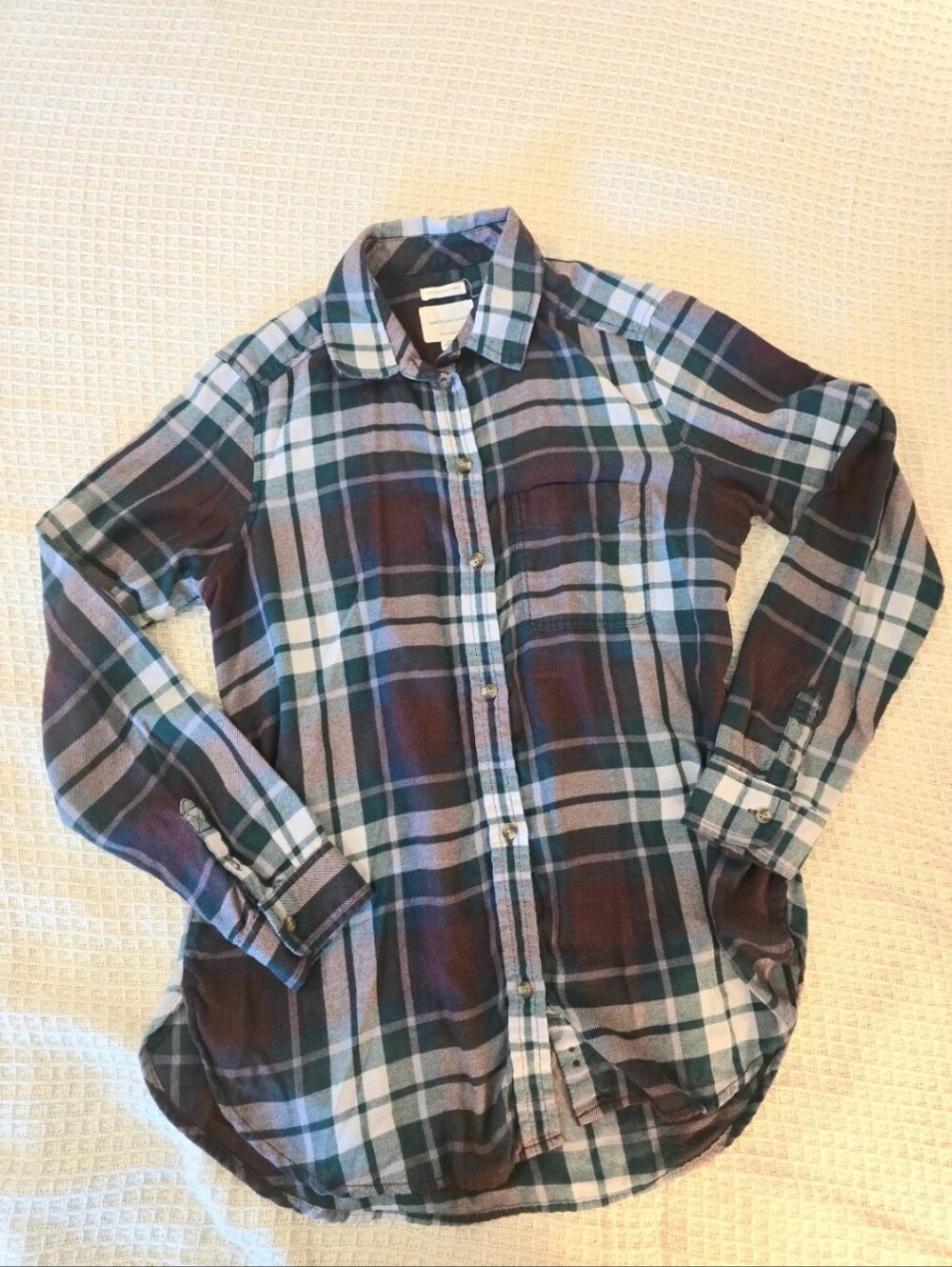 AE Boyfriend Fit Plaid Button-Up Shirt in Burgundy and Teal